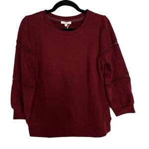 New Skies Are Blue Small S Red Lace Inset 3/4 Sleeve Sweatshirt Crew Neck Cotton